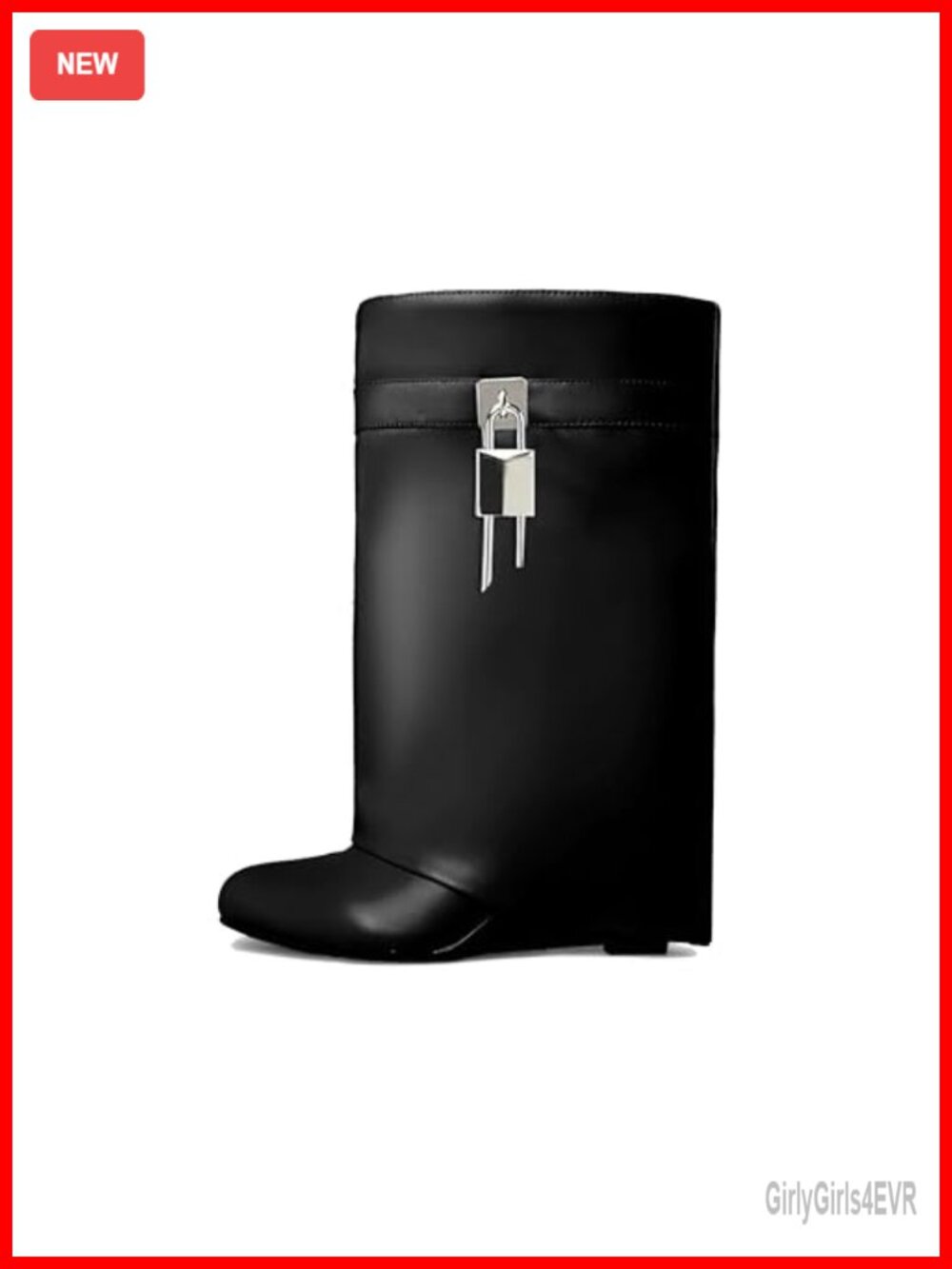 Fold Over Wedge Knee High Boots PadLock Vegan Leather Tall Booties